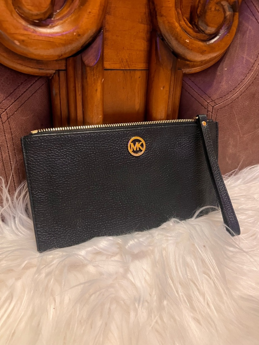 Michael Kors Black Leather Wristlet with Gold Zipper - Picture 8 of 13